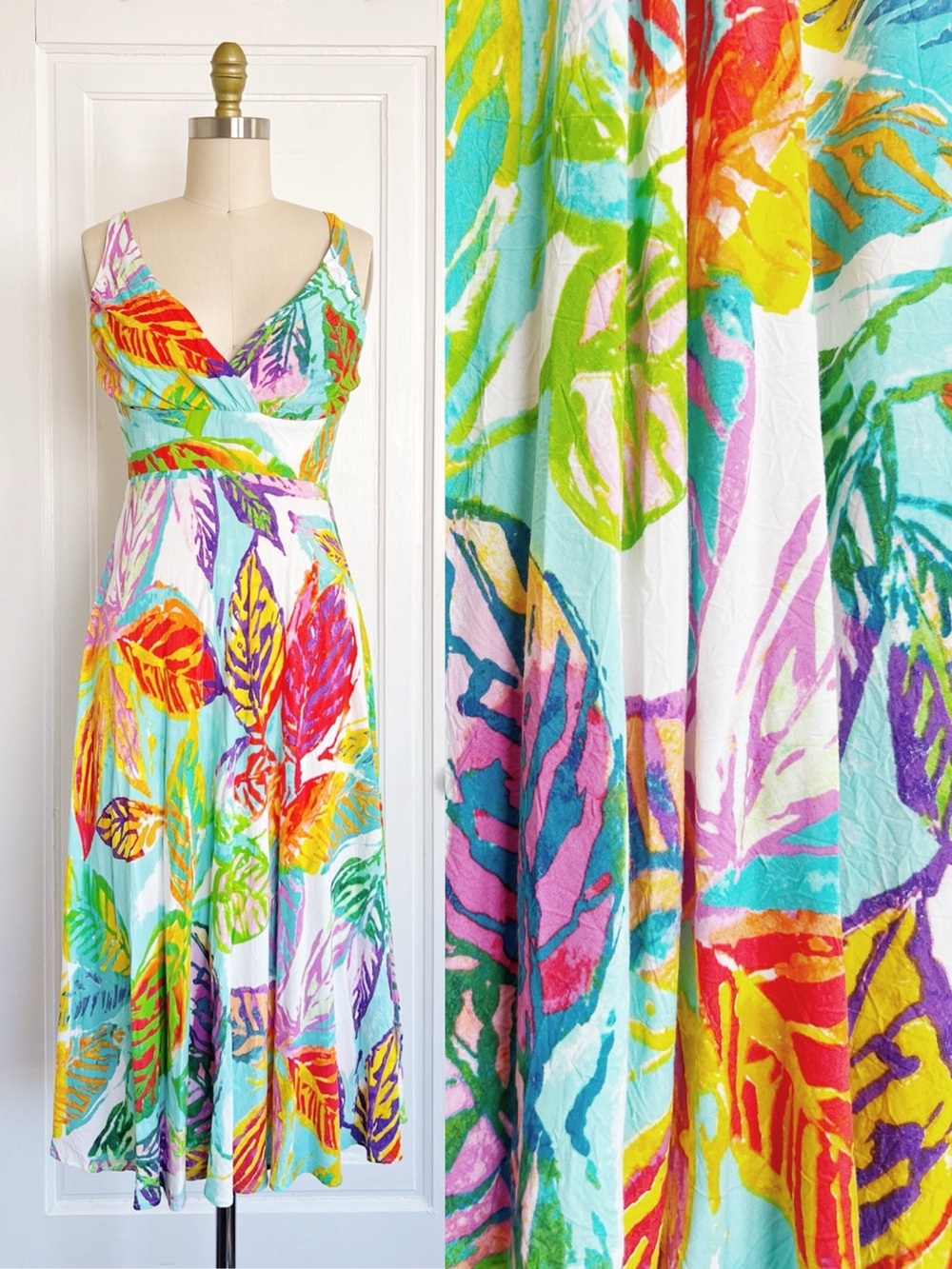 JAMS World • vintage 90s Connie dress colorful Hawaiian floral leaf midi W389